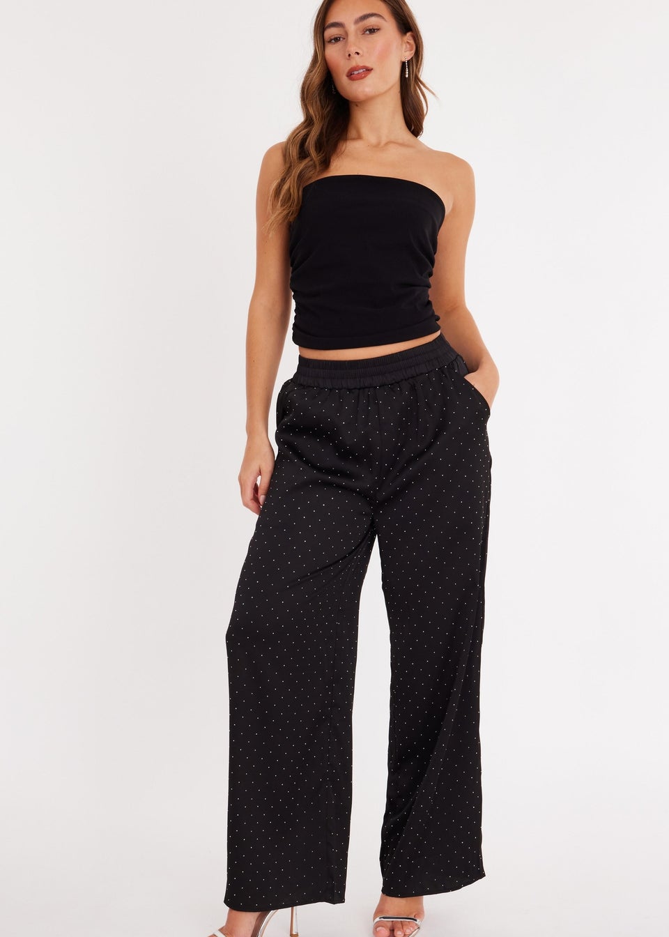 Quiz Black Embellished Satin Trousers