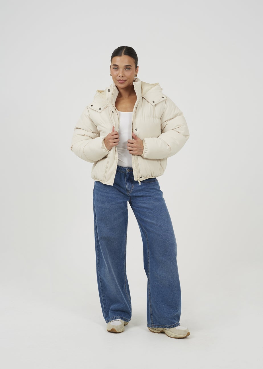 Brave Soul Cream Oversized Hooded Short Puffer Jacket