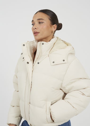 Brave Soul Cream Oversized Hooded Short Puffer Jacket