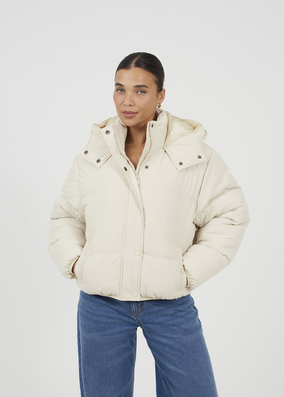 Brave Soul Cream Oversized Hooded Short Puffer Jacket