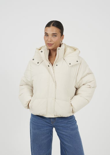 Brave Soul Cream Oversized Hooded Short Puffer Jacket