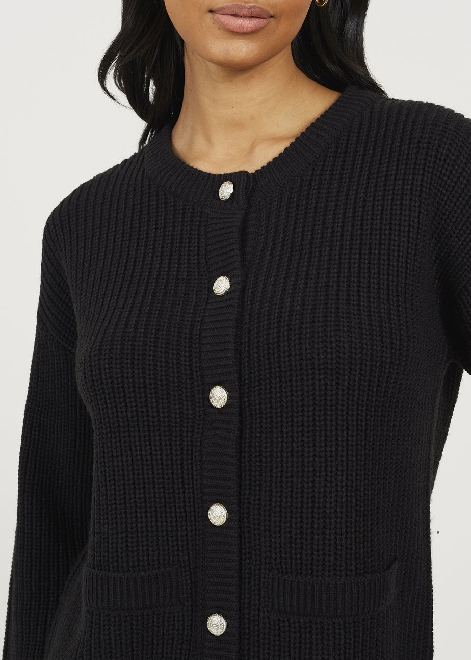 Brave Soul Black Round Neck Fisherman Knit Cardigan