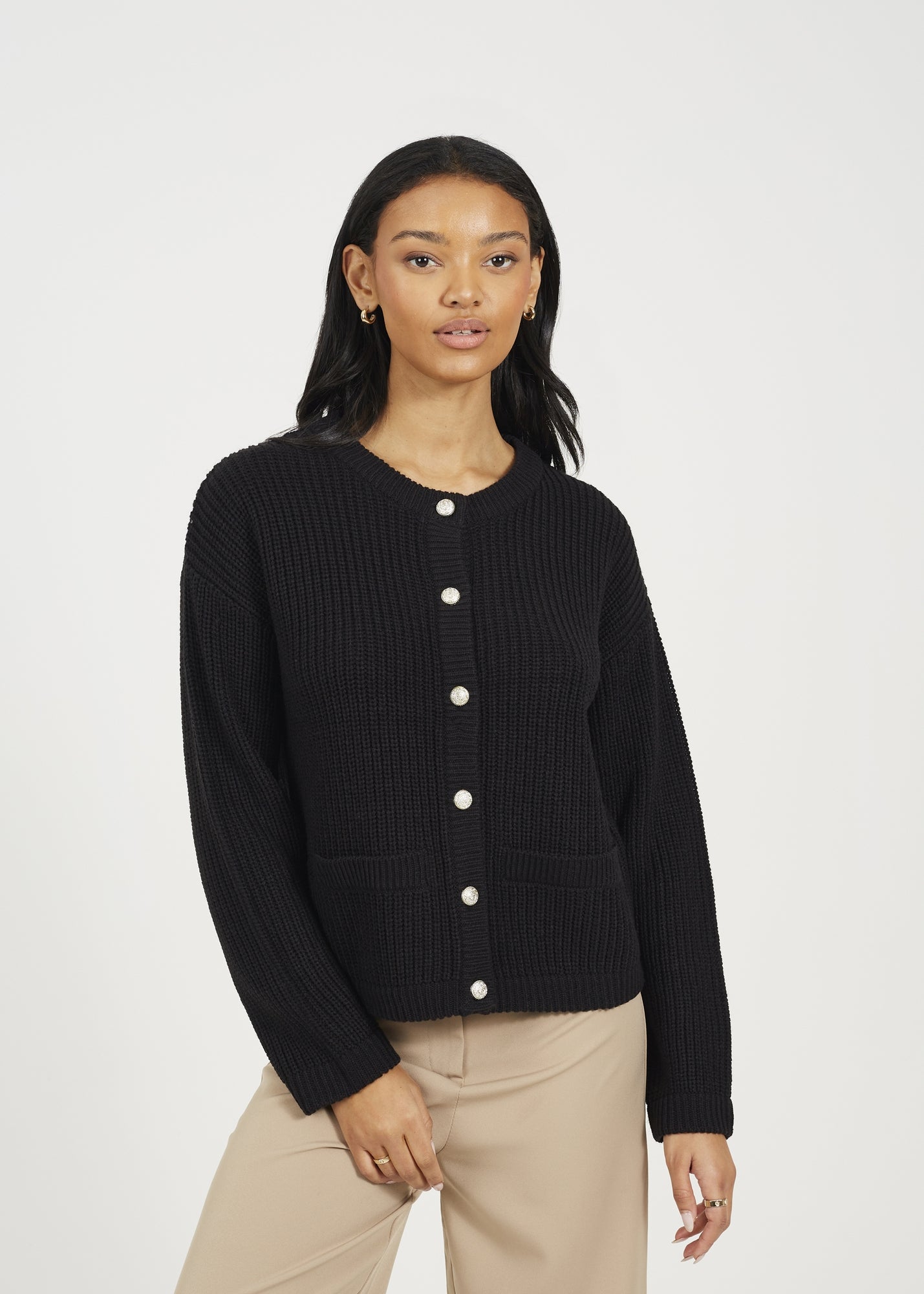 Yumi Black Metallic Knit Cardigan With Pearl Button Details - Matalan