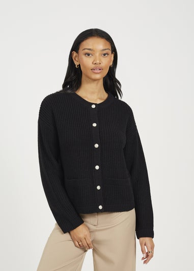 Brave Soul Black Round Neck Fisherman Knit Cardigan