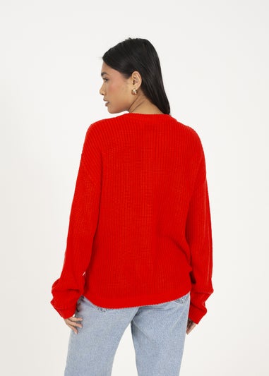 Brave Soul Red Round Neck Fisherman Knit Cardigan