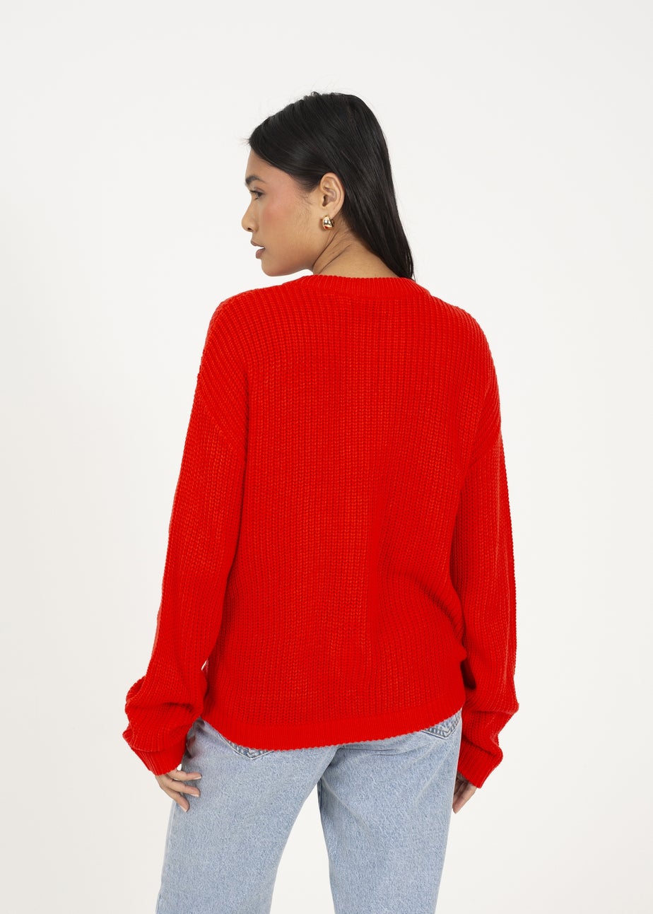 Brave Soul Red Round Neck Fisherman Knit Cardigan