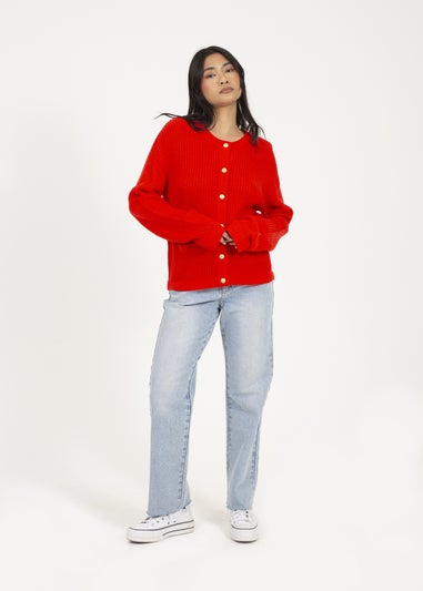 Brave Soul Red Round Neck Fisherman Knit Cardigan