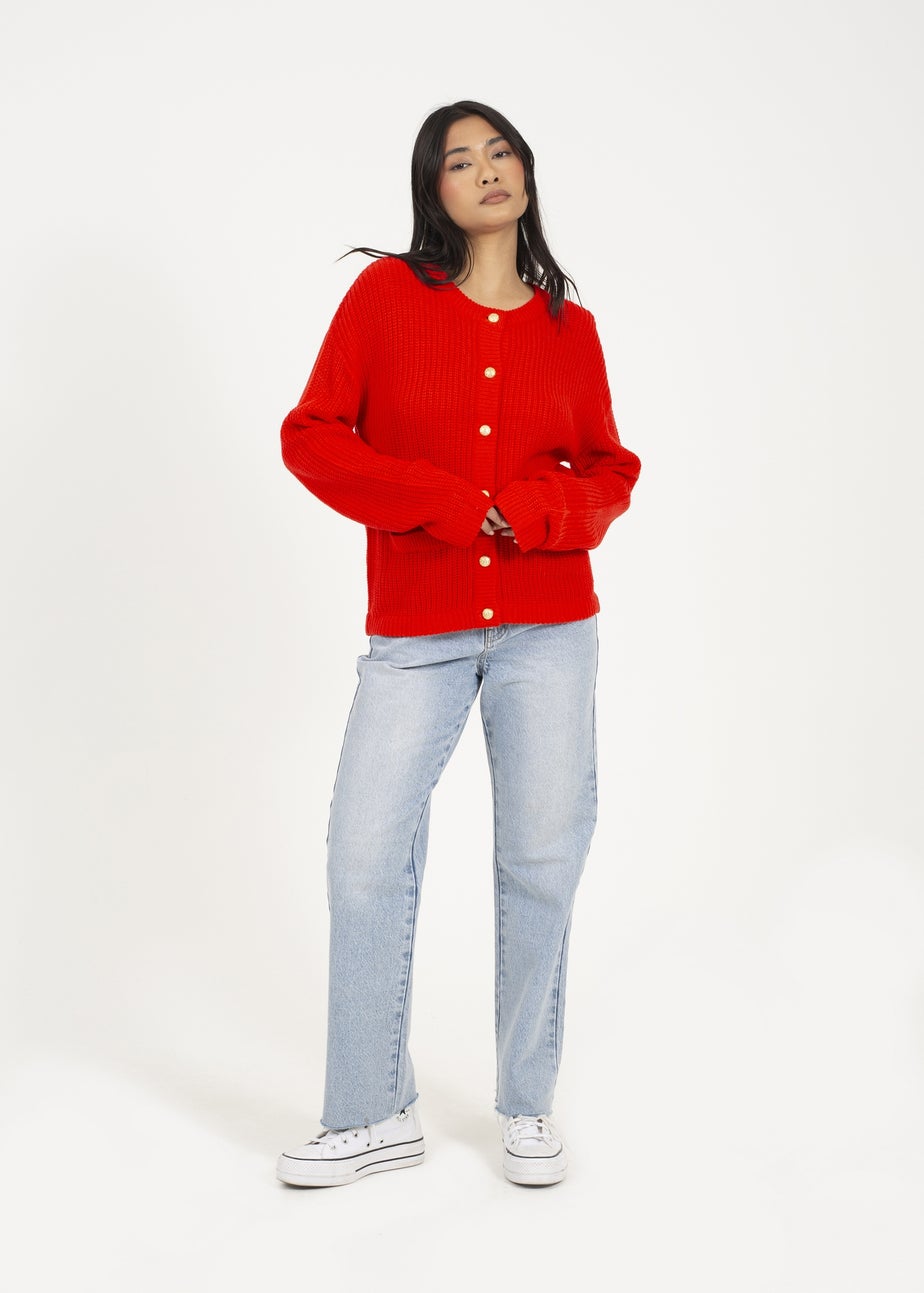 Brave Soul Red Round Neck Fisherman Knit Cardigan
