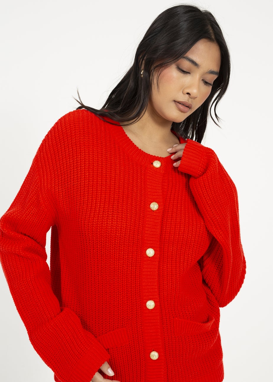 Brave Soul Red Round Neck Fisherman Knit Cardigan