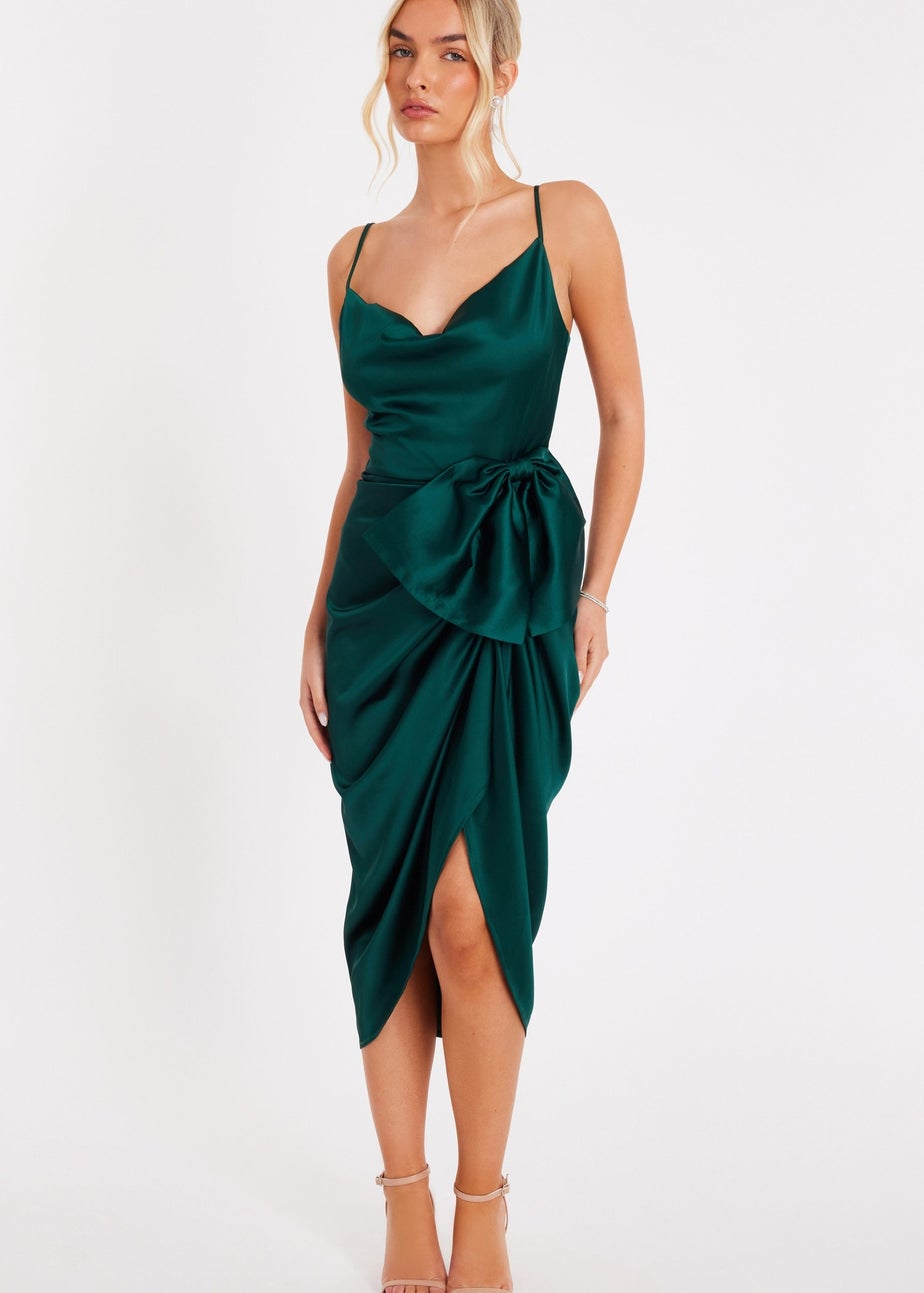 Quiz Green Satin Bow Front Midi Dress