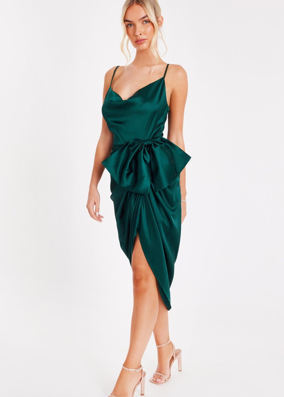 Quiz Green Satin Bow Front Midi Dress