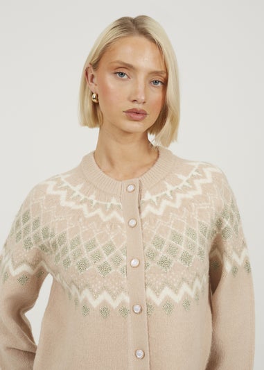 Brave Soul Pale Pink Fairisle Cardigan With Faux Pearl Buttons