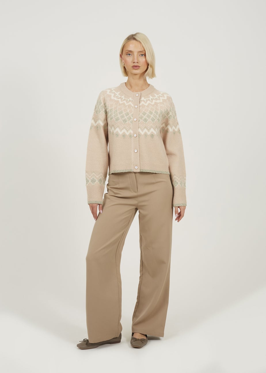 Brave Soul Pale Pink Fairisle Cardigan With Faux Pearl Buttons