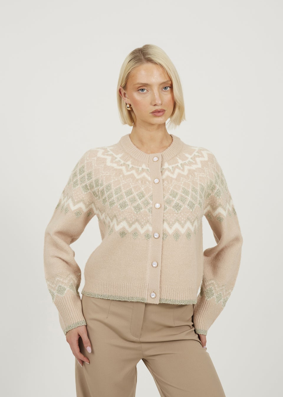 Brave Soul Pale Pink Fairisle Cardigan With Faux Pearl Buttons