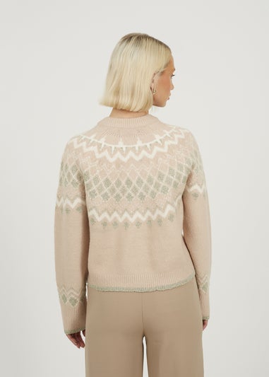 Brave Soul Pale Pink Fairisle Cardigan With Faux Pearl Buttons