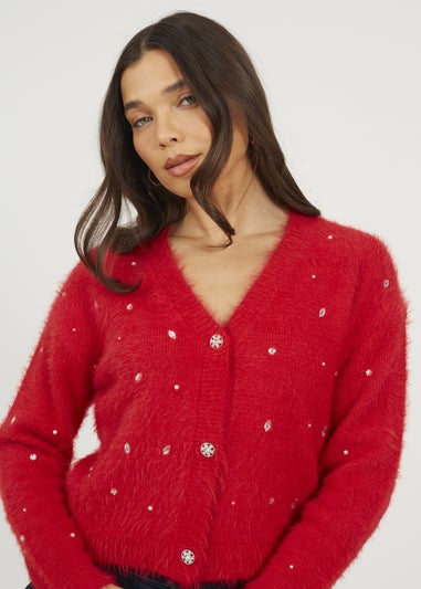Brave Soul Red Fluffy Knit Cardigan With Jewel Embellishment