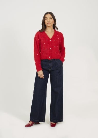 Brave Soul Red Fluffy Knit Cardigan With Jewel Embellishment
