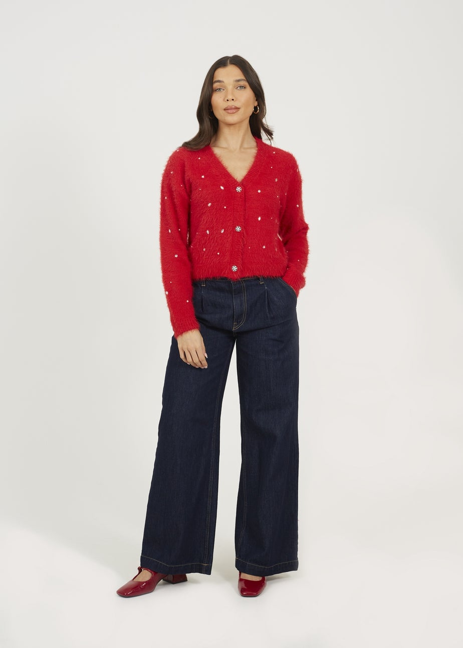 Brave Soul Red Fluffy Knit Cardigan With Jewel Embellishment