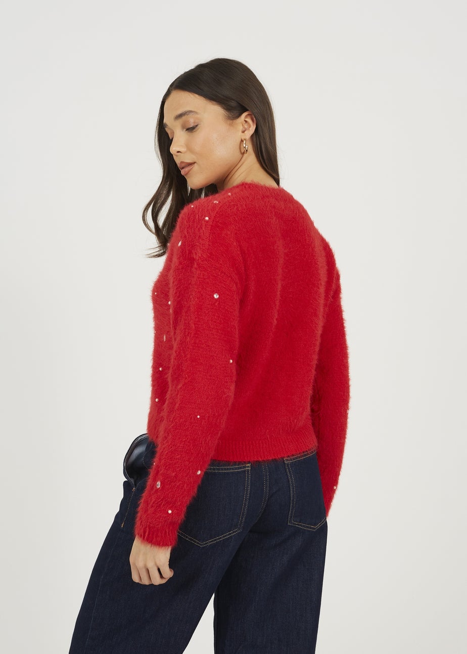 Brave Soul Red Fluffy Knit Cardigan With Jewel Embellishment