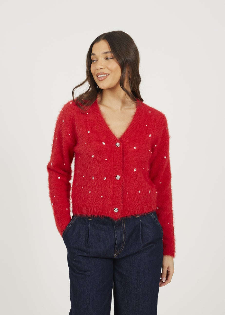Brave Soul Red Fluffy Knit Cardigan With Jewel Embellishment