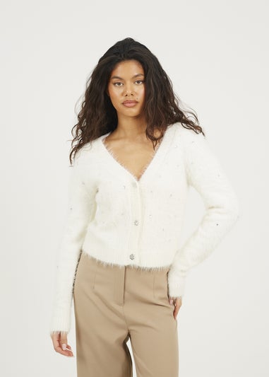 Brave Soul Cream Fluffy Knit Cardigan With Jewel Embellishment