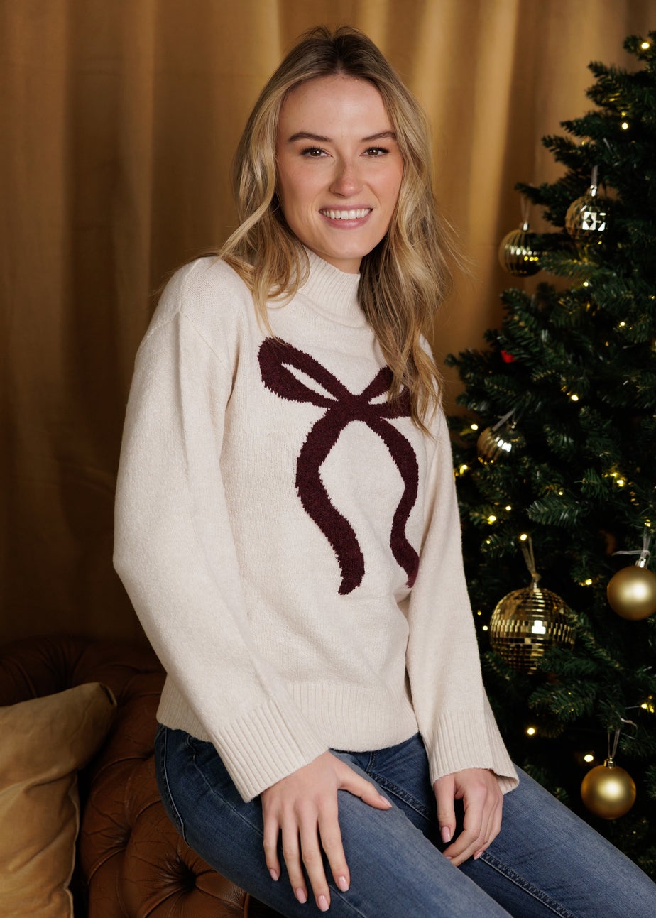 Brave Soul Ivory Crew Neck Bow Knitted Jumper