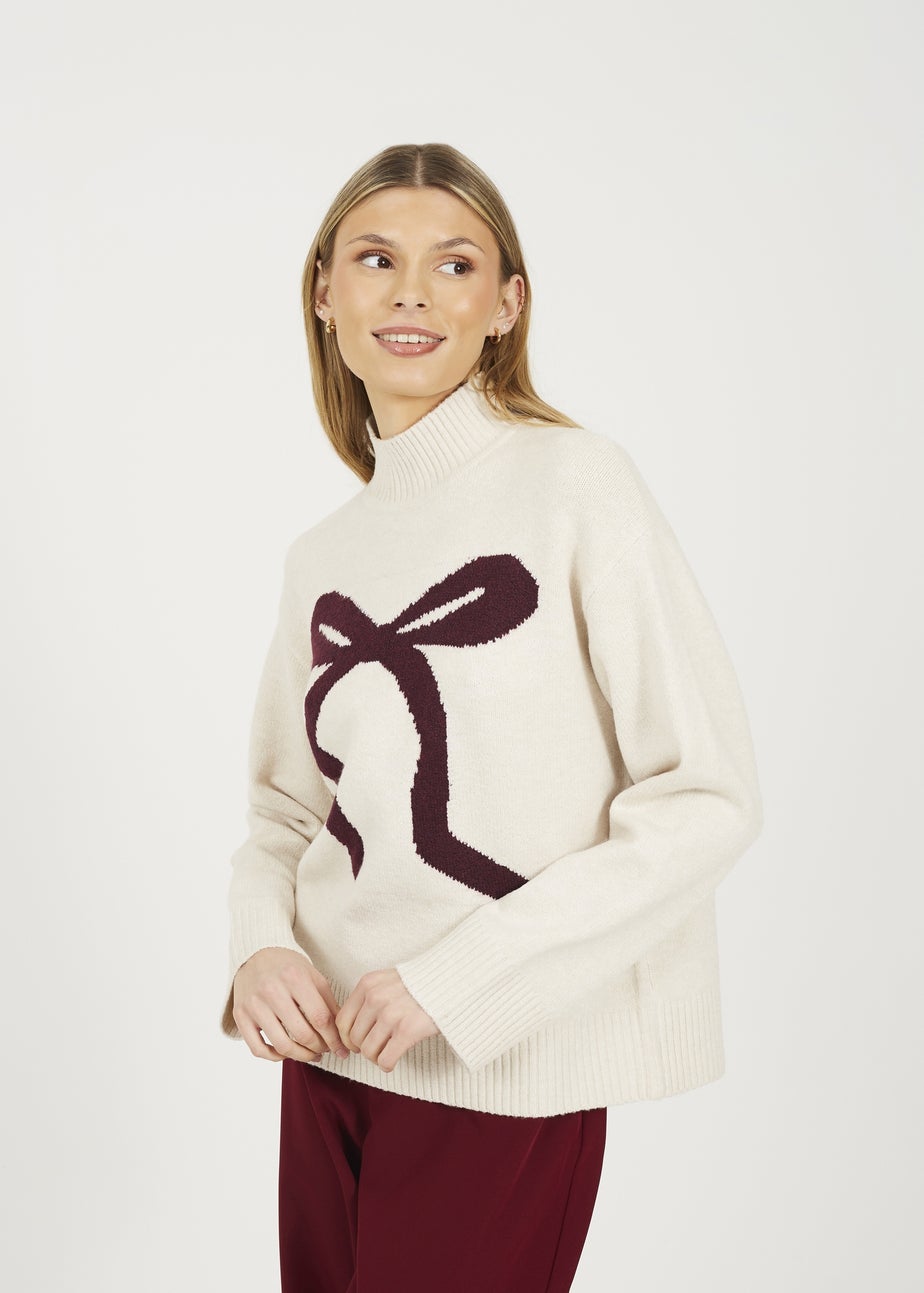 Brave Soul Ivory Crew Neck Bow Knitted Jumper