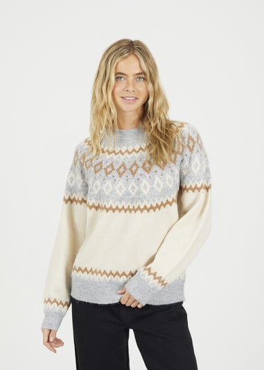 Brave Soul Cream Crew Neck Fairisle Jumper