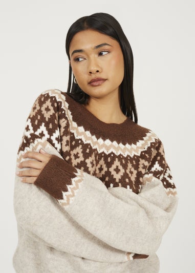 Brave Soul Taupe Crew Neck Fairisle Jumper