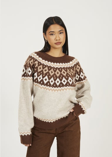 Brave Soul Taupe Crew Neck Fairisle Jumper