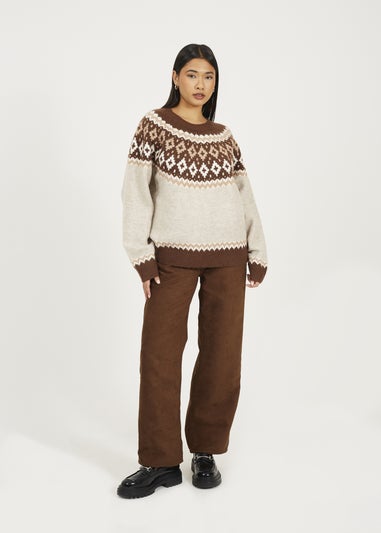 Brave Soul Taupe Crew Neck Fairisle Jumper