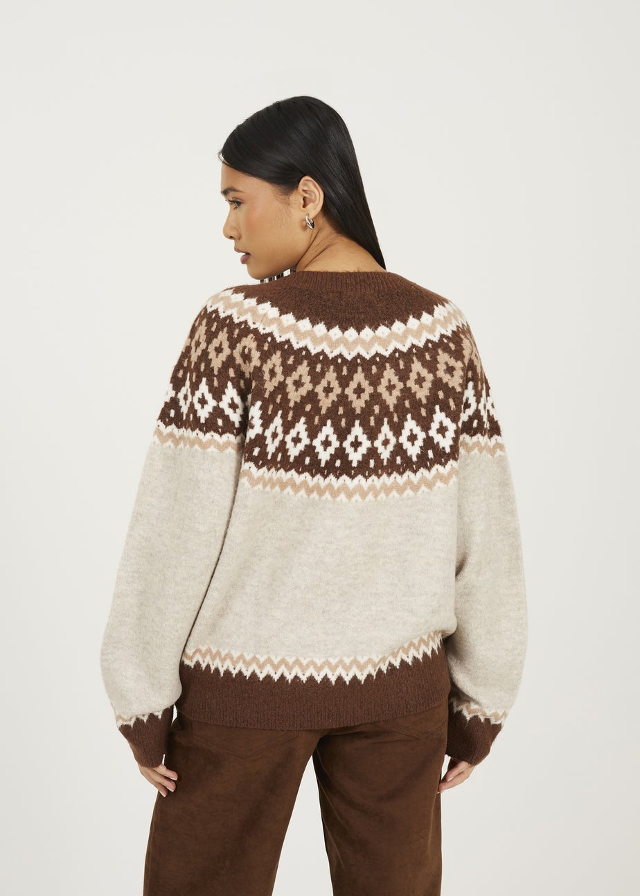Brave Soul Taupe Crew Neck Fairisle Jumper