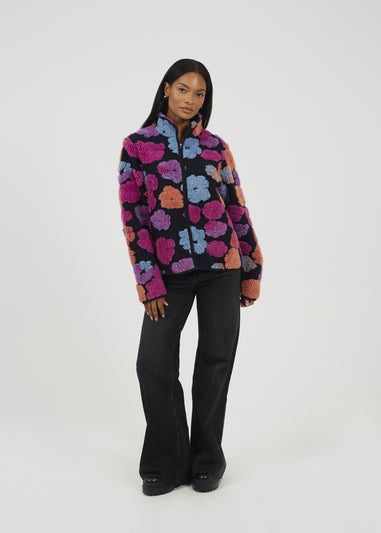 Brave Soul Black Embossed Flower Print Zip Through Sherpa Fleece