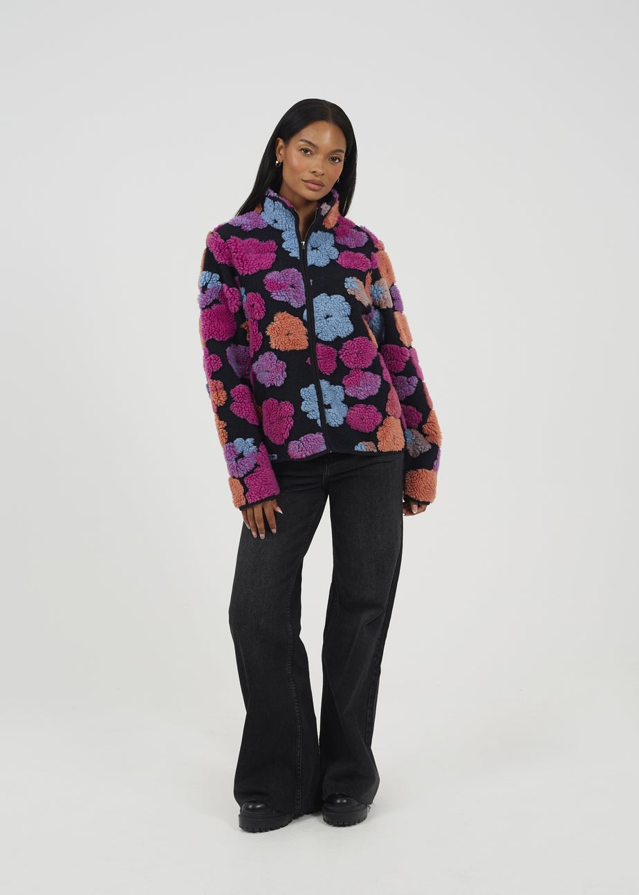 Brave Soul Black Embossed Flower Print Zip Through Sherpa Fleece