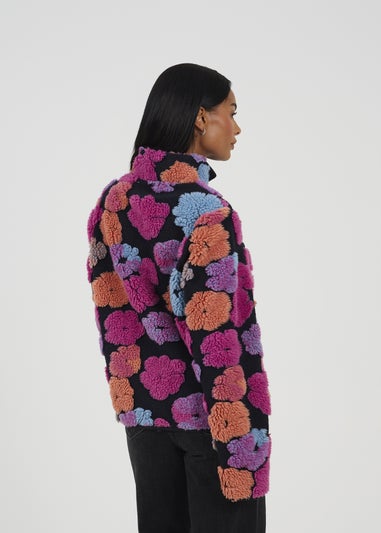 Brave Soul Black Embossed Flower Print Zip Through Sherpa Fleece
