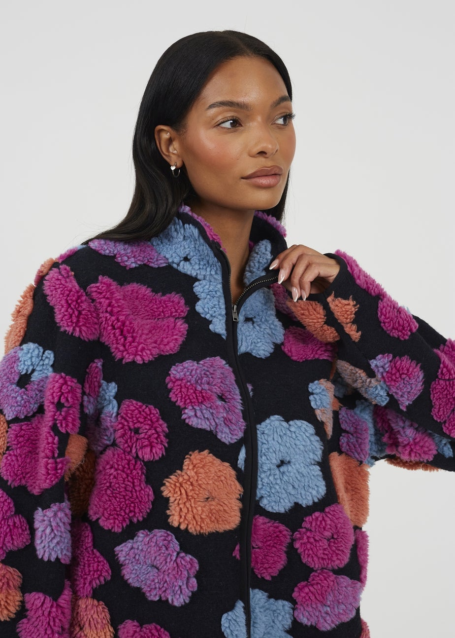 Brave Soul Black Embossed Flower Print Zip Through Sherpa Fleece