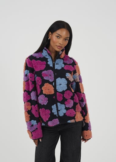 Brave Soul Black Embossed Flower Print Zip Through Sherpa Fleece