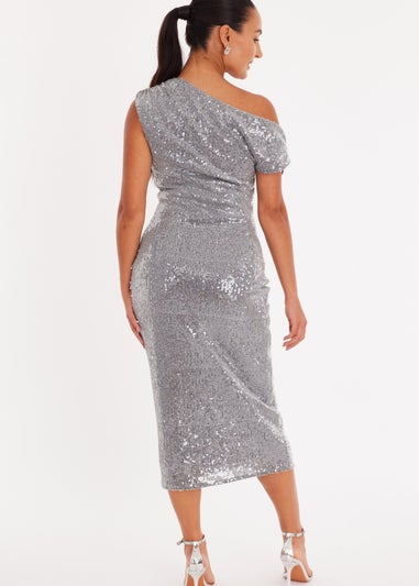 Quiz Silver Petite Sequin Asymmetric Midaxi Dress