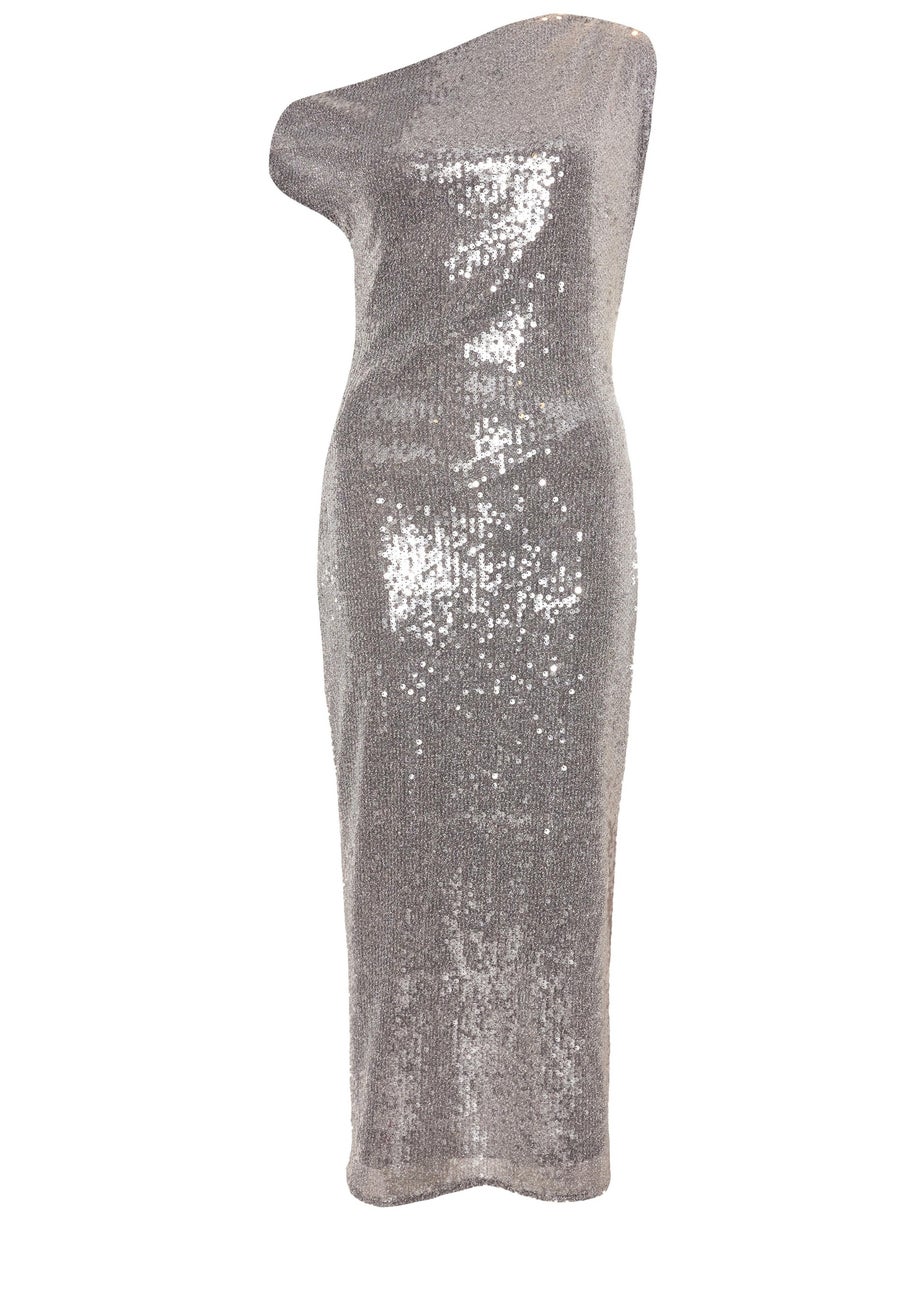 Quiz Silver Petite Sequin Asymmetric Midaxi Dress