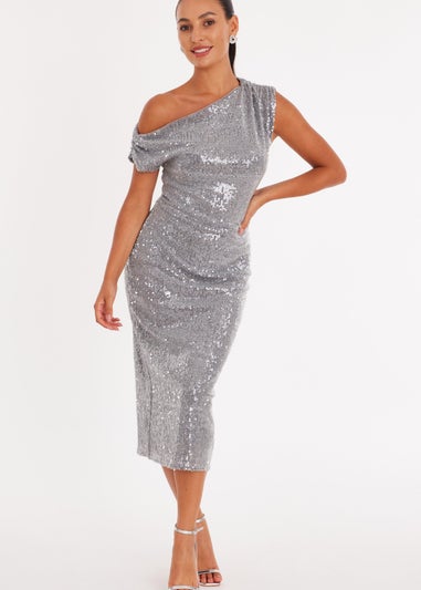 Quiz Silver Petite Sequin Asymmetric Midaxi Dress