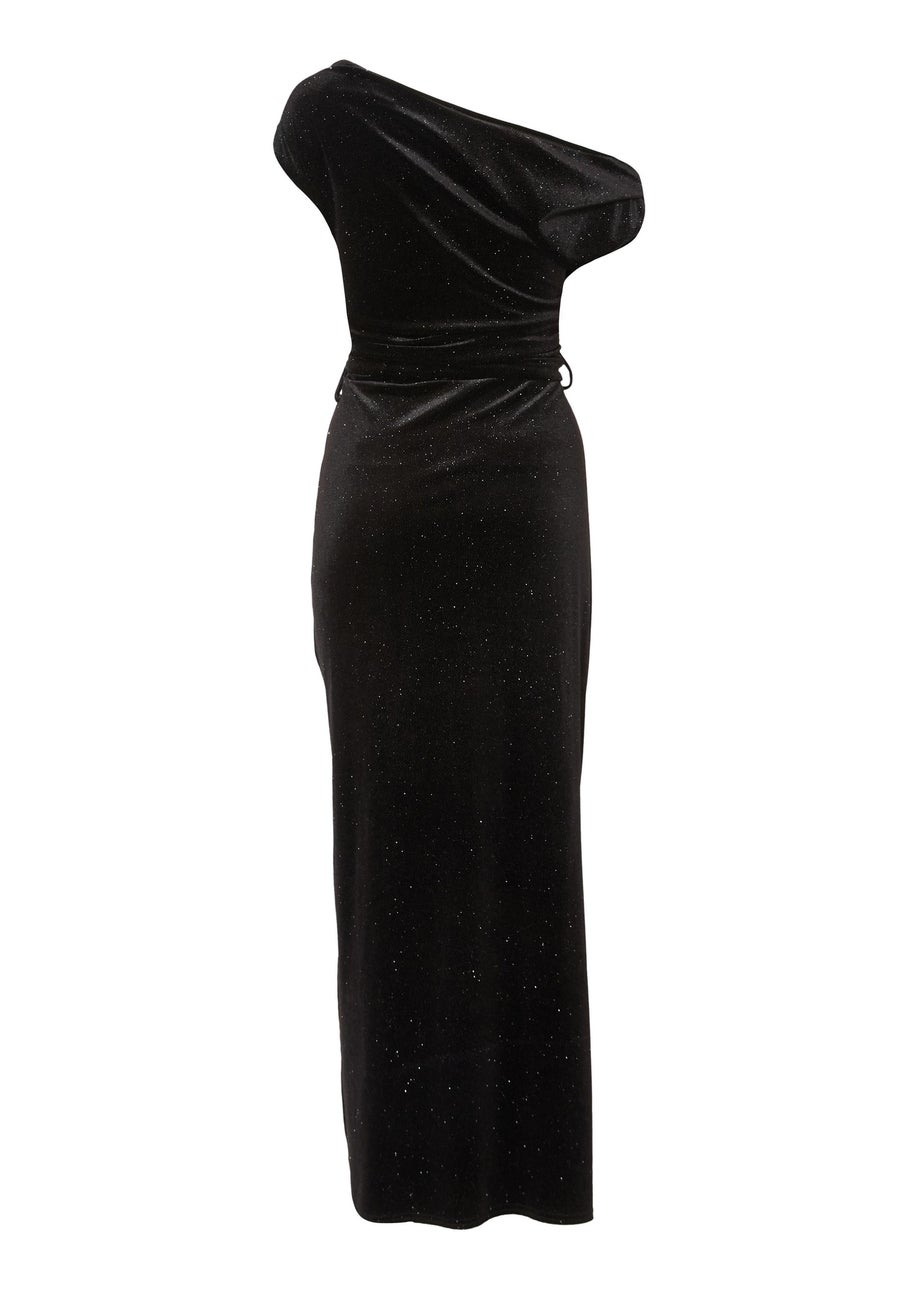 Quiz Black Glitter Velvet Tie Waist Midaxi Dress