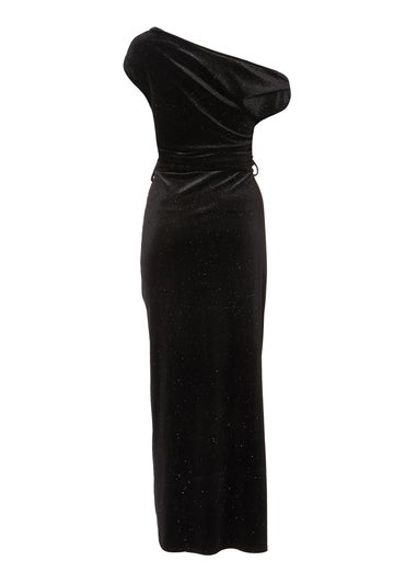 Quiz Black Glitter Velvet Tie Waist Midaxi Dress