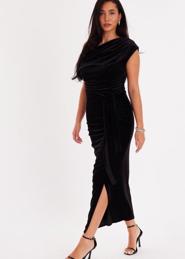 Quiz Black Glitter Velvet Tie Waist Midaxi Dress