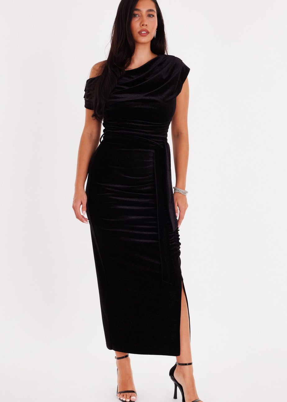 Quiz Black Glitter Velvet Tie Waist Midaxi Dress