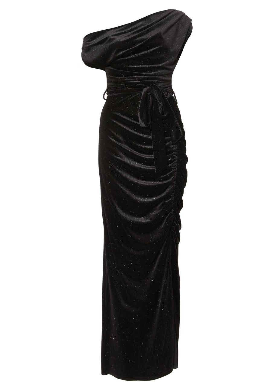 Quiz Black Glitter Velvet Tie Waist Midaxi Dress