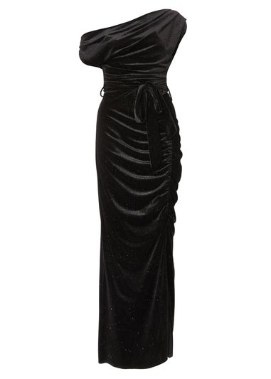 Quiz Black Glitter Velvet Tie Waist Midaxi Dress