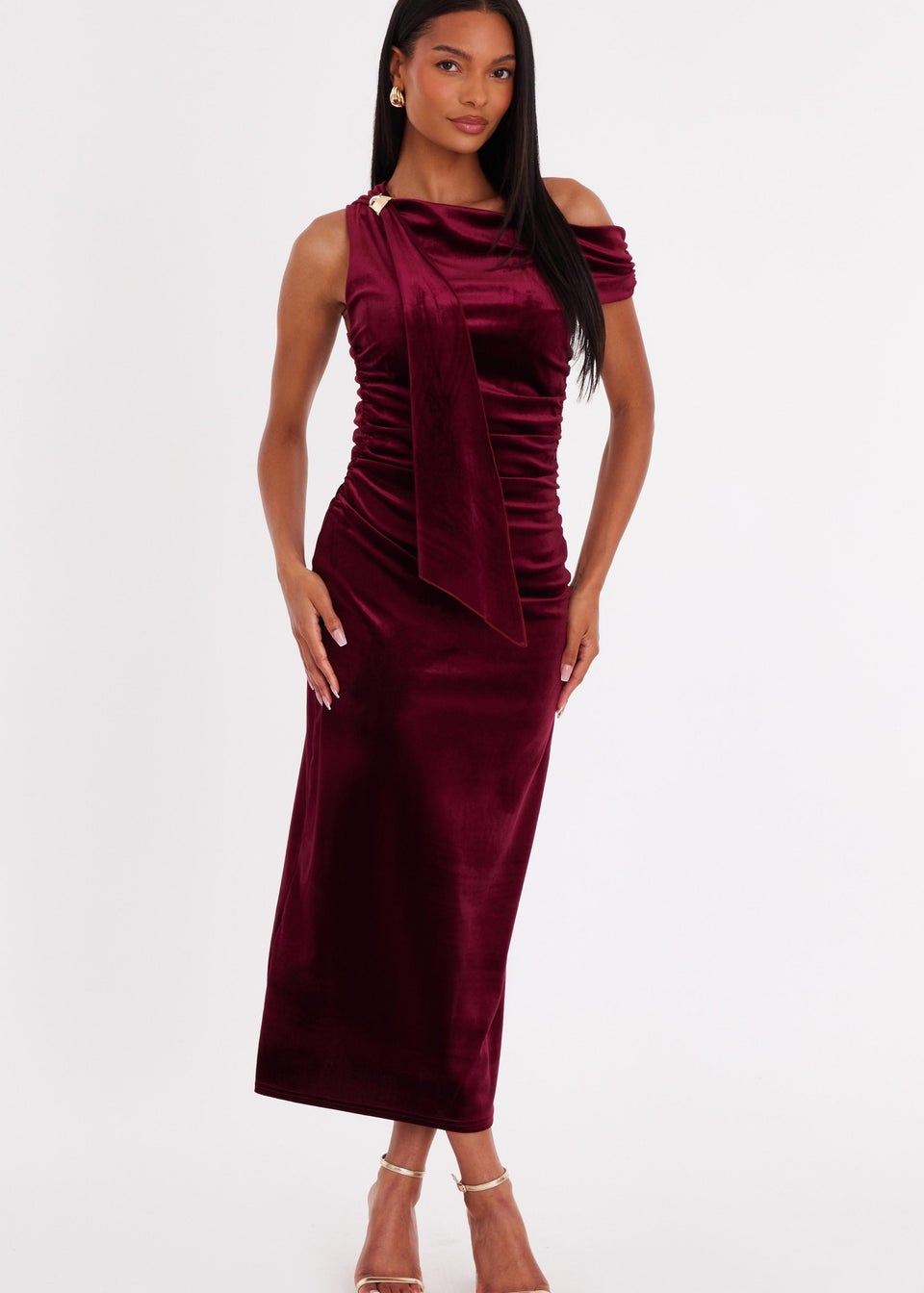 Quiz Burgundy Velvet Sash Detail Midaxi Dress