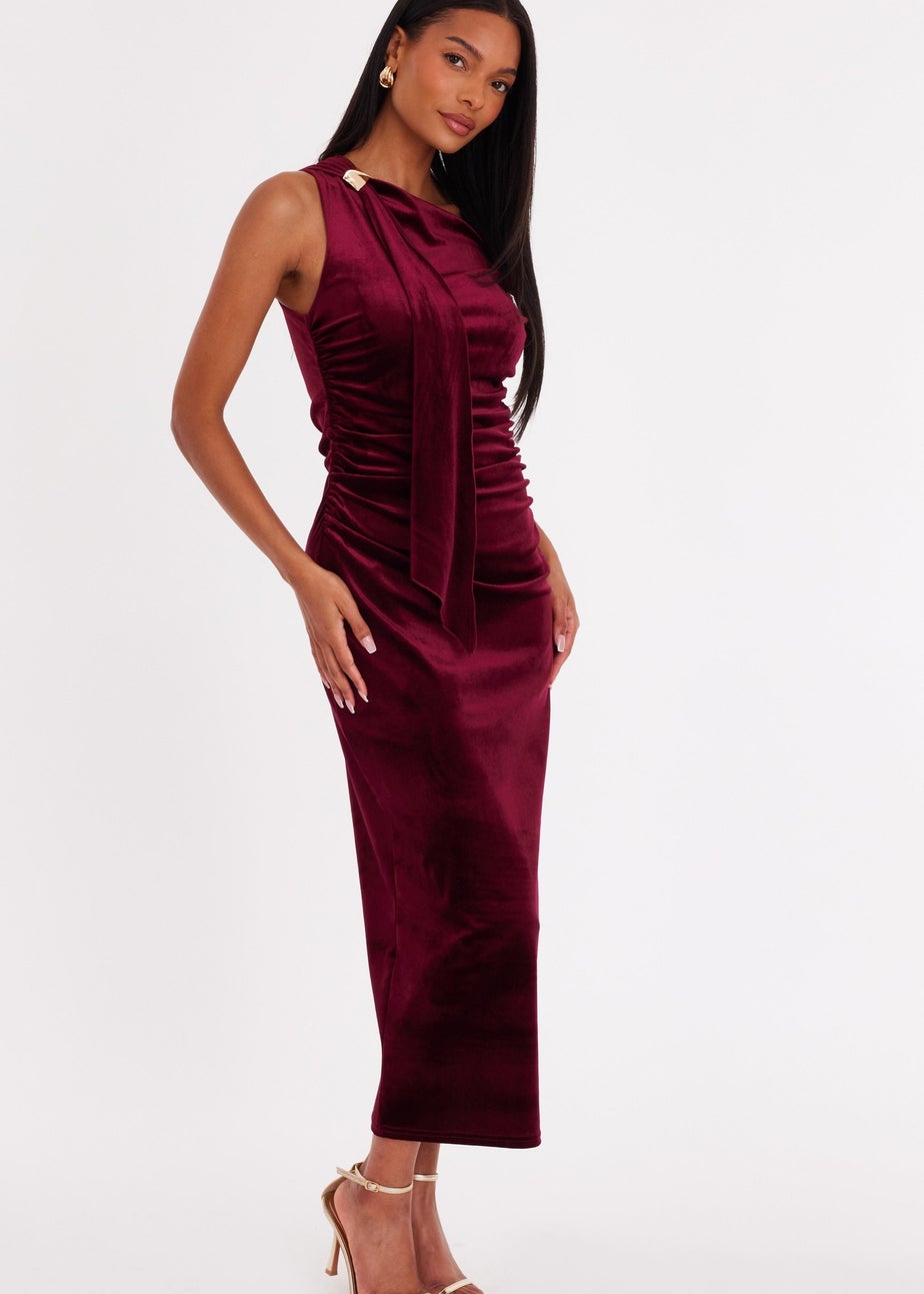 Quiz Burgundy Velvet Sash Detail Midaxi Dress