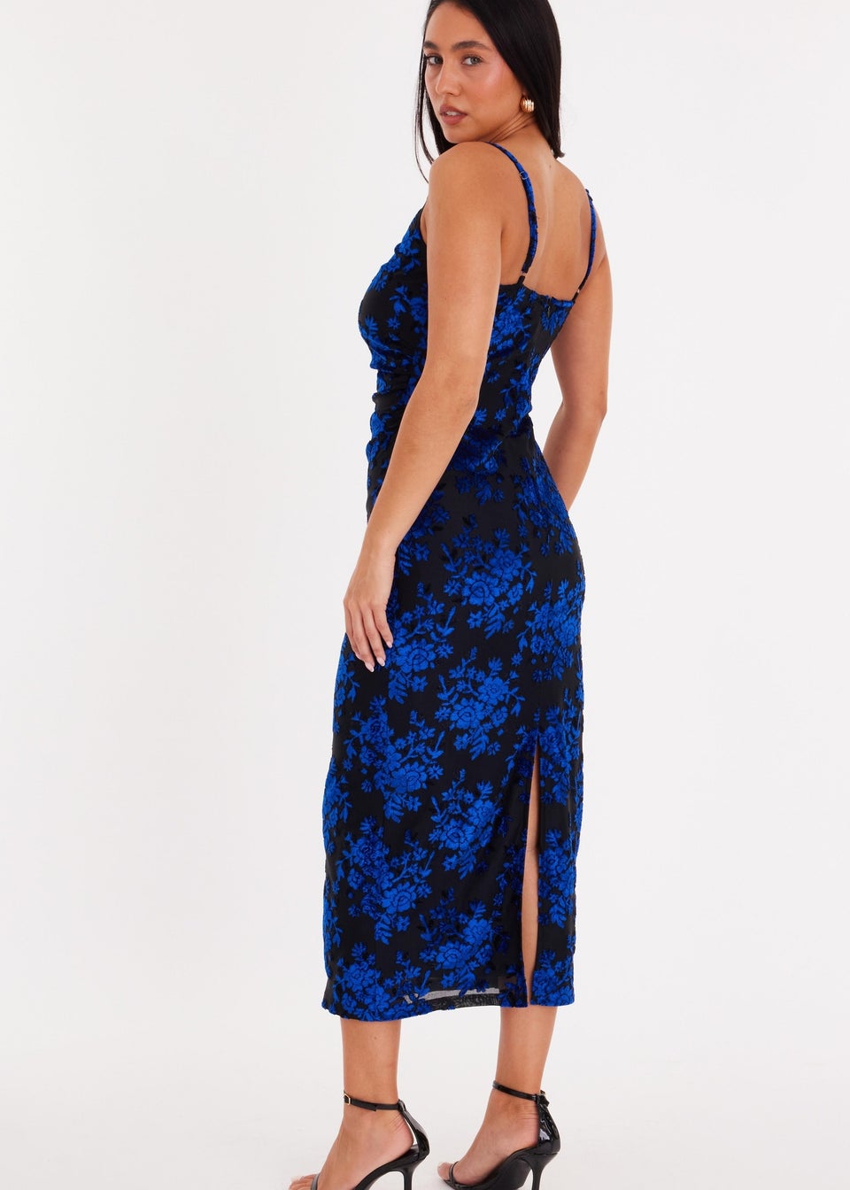 Quiz Blue Velvet Floral Midaxi Dress