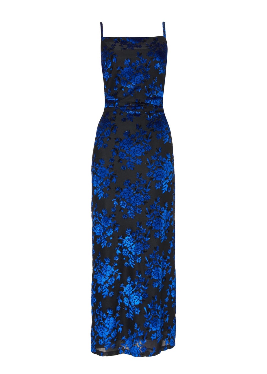 Quiz Blue Velvet Floral Midaxi Dress